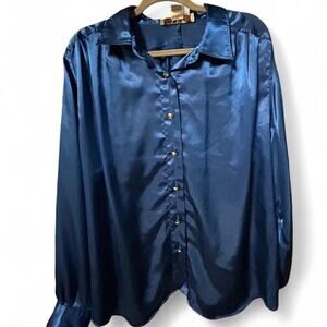 Vintage 80s excellent condition poly satin royal blue blouse size 16 XL